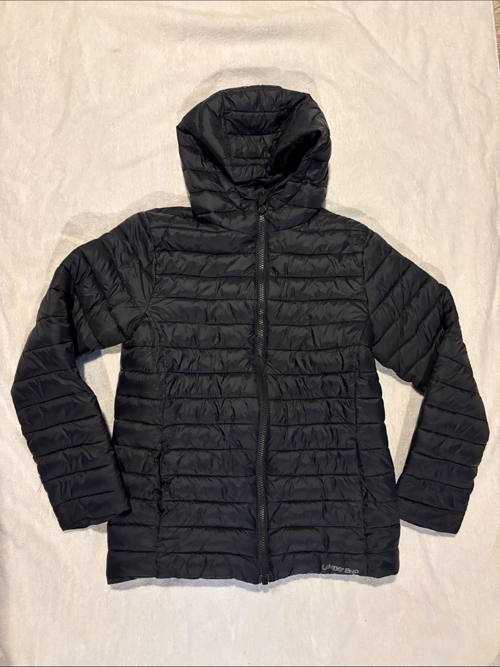 Lands End Black Lightweight Hooded Packable Puffer Jacket - Kids size L 10-12